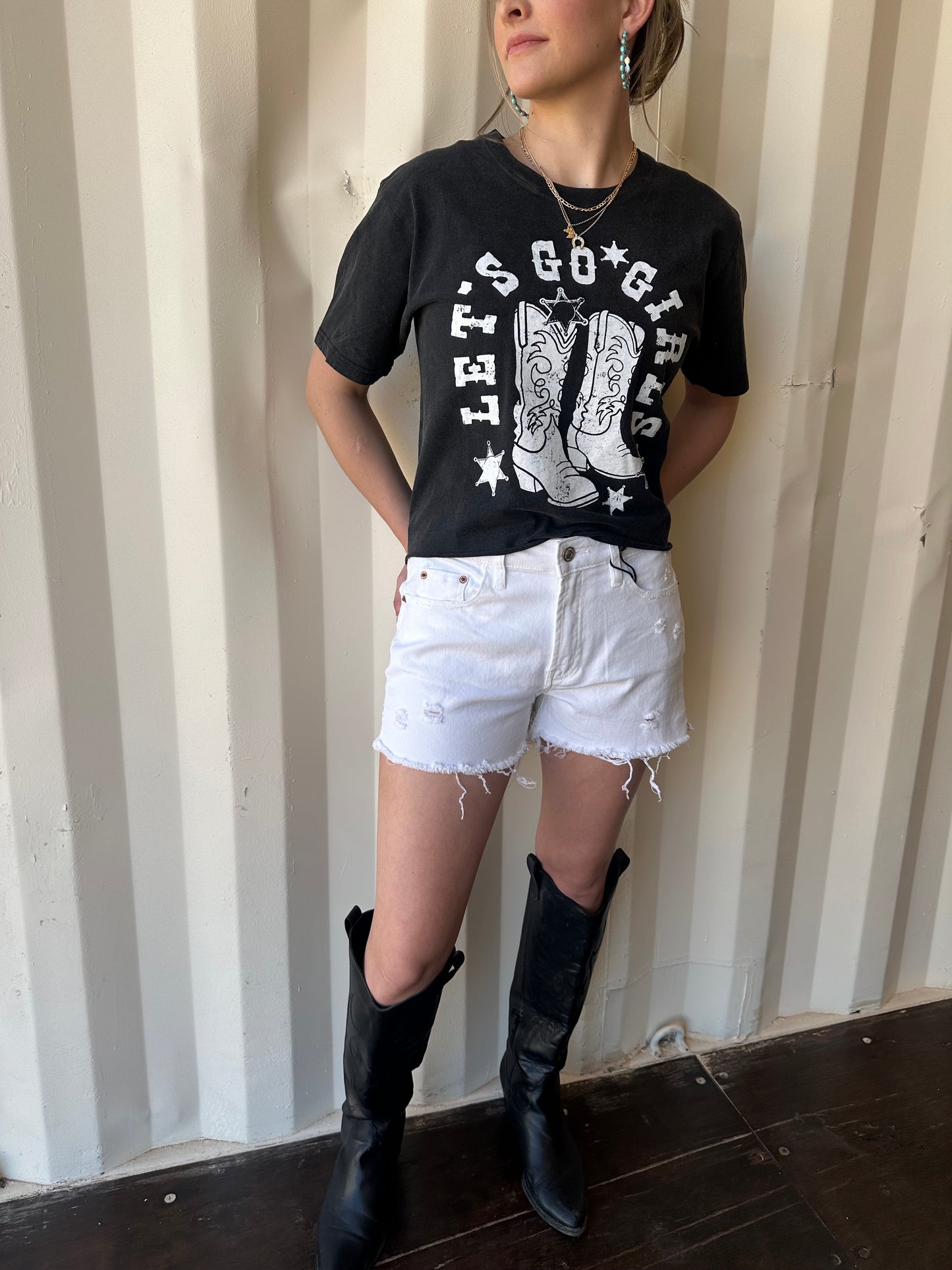Let's Go Girls Graphic S/S Washed Faux Crop Tee: Black